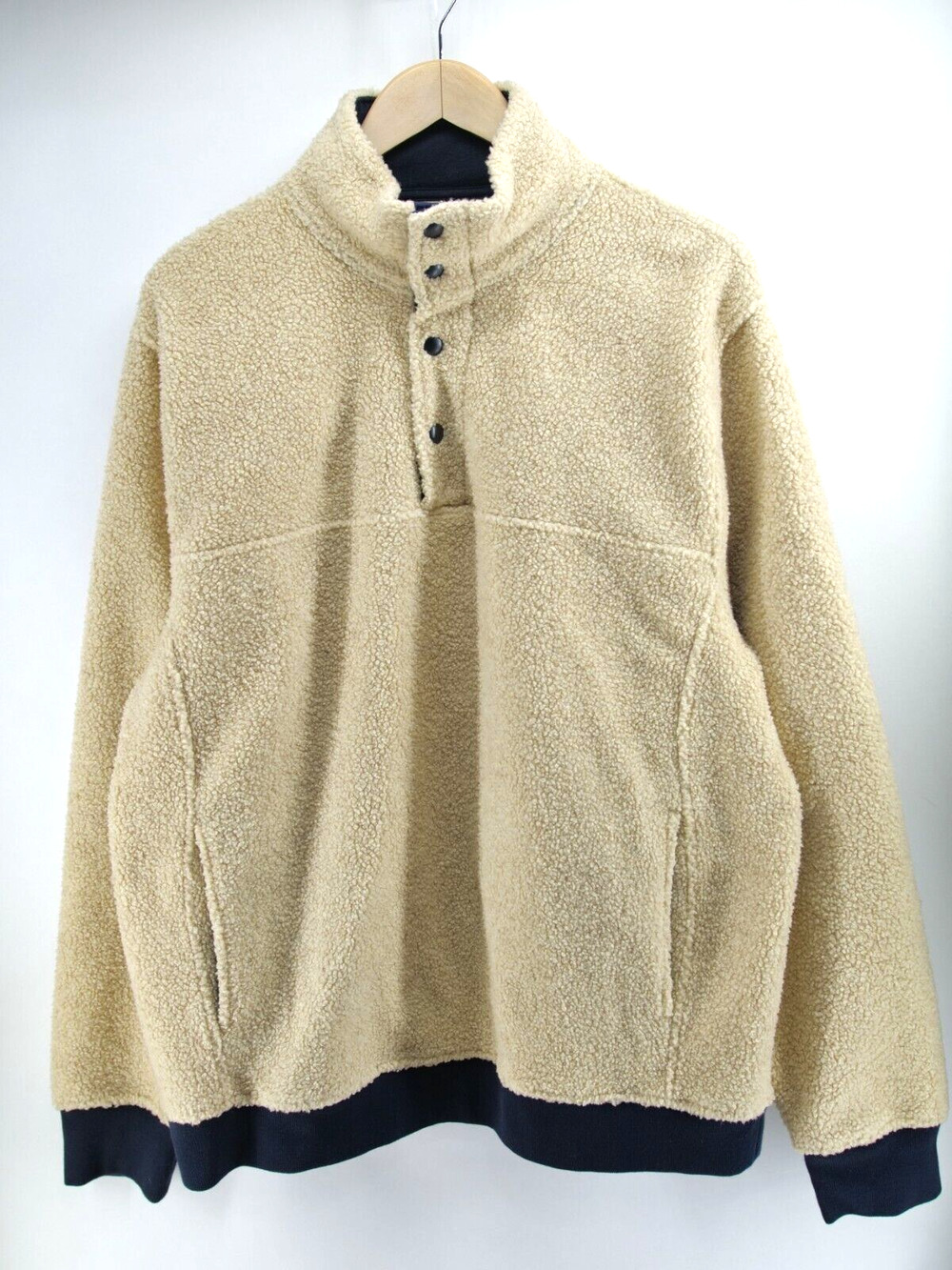 J. Crew Authentic Fleece Jacket Mens Size XL Beige/Navy Sherpa 1/4 Snap